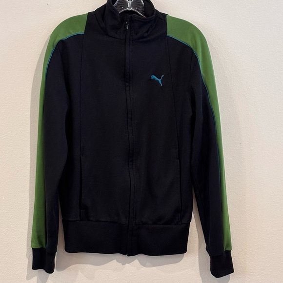 Puma Men's SZ S Full Zip Athleisure Jacket Black w/ Green Blue Long Sleeves - Picture 1 of 15